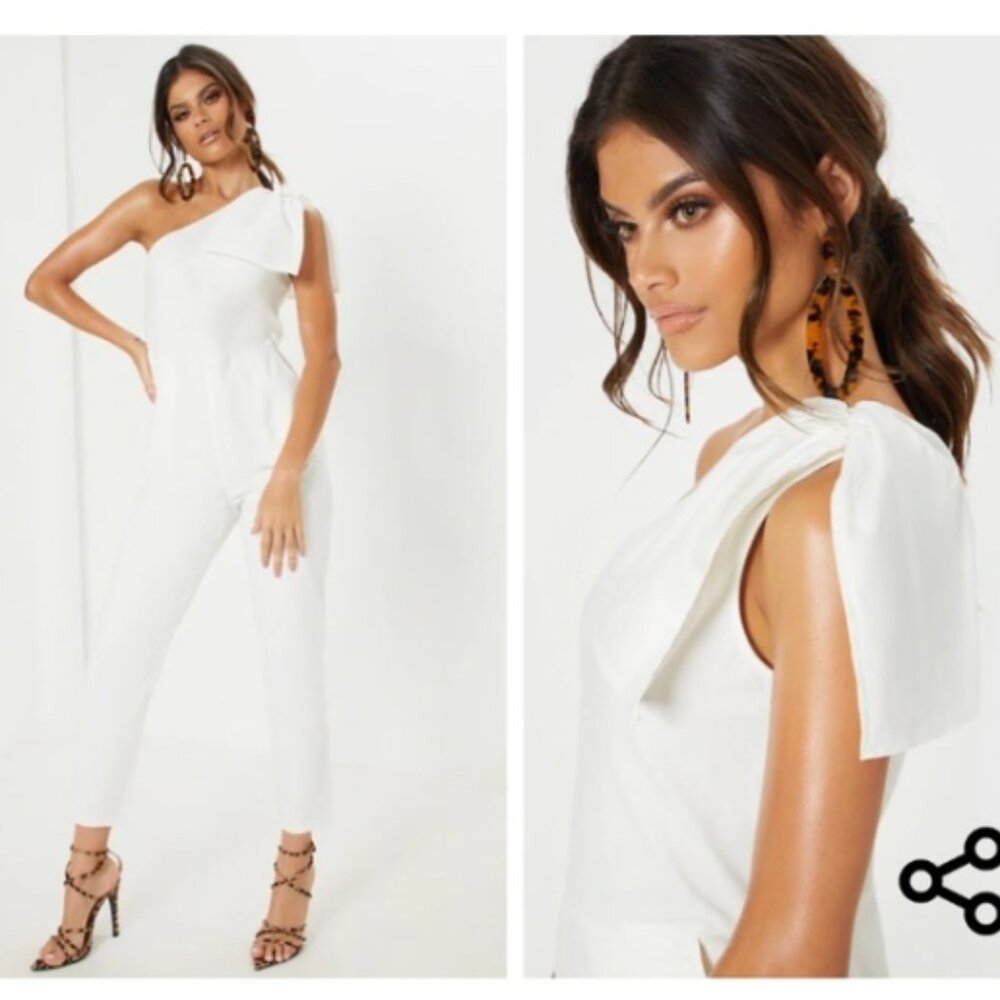 White One Shoulder Jumpsuit Cropped Ankle Pretty Little Thing White Party Size 4